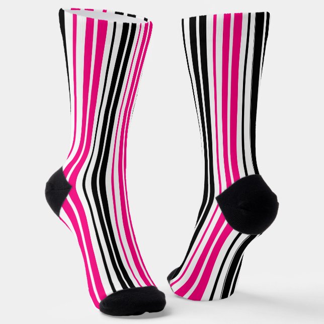 Pink Black White Stripes Pattern Design  Socks (Angled)