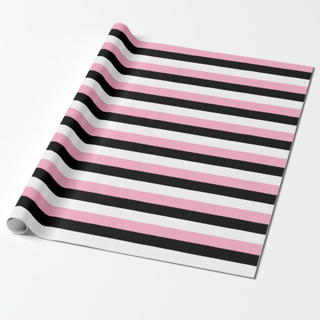 Pink Black White Stripes Wrapping Paper (Unrolled)