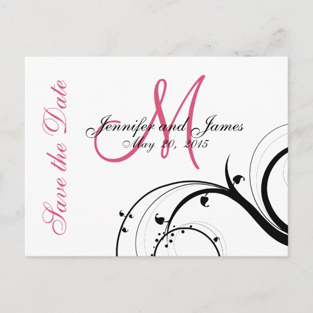 Pink, Black, White Swirls Save the Date Postcards (Front)