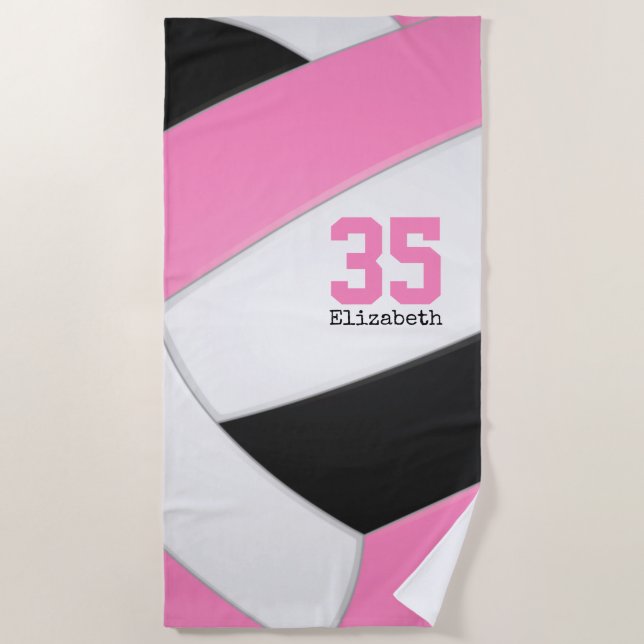 pink black white volleyball girls sports custom beach towel (Front)