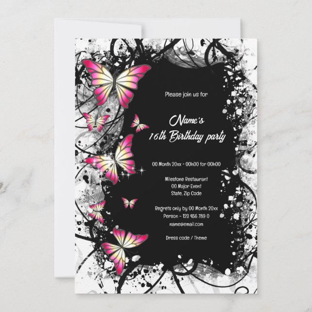 pink black white watercolor butterfly party invitation (Back)