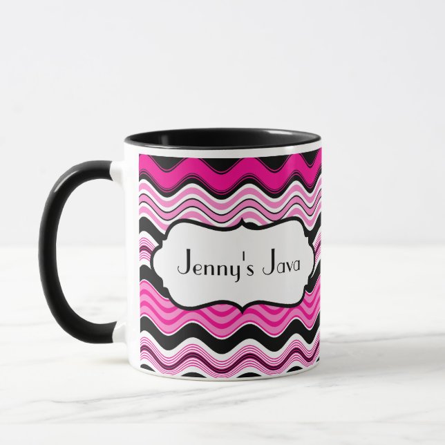 Pink, Black, White Wavy Stripes Personalised Mug (Left)