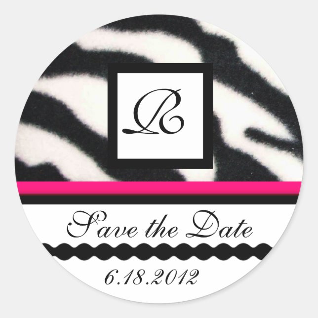 PINK BLACK WHITE ZEBRA FUR MONOGRAM ,Save The Date Classic Round Sticker (Front)