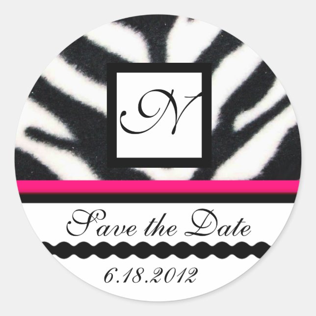 PINK BLACK WHITE ZEBRA FUR MONOGRAM ,Save The Date Classic Round Sticker (Front)
