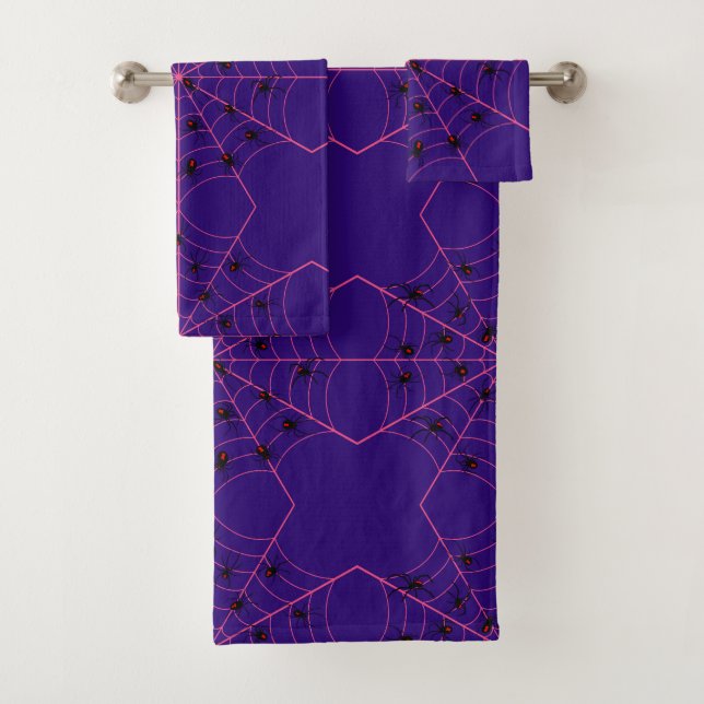 Pink Black Widow Spider Web Art Halloween Pattern Bath Towel Set (Insitu)