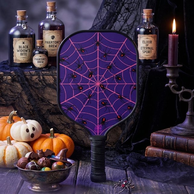 Pink Black Widow Spider Web Art Halloween Pattern Pickleball Paddle (Creator Uploaded)