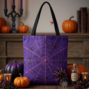 Pink Black Widow Spider Web Art Halloween Pattern Tote Bag