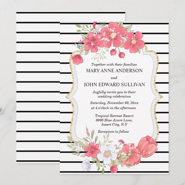 Pink black wildflower watercolor country wedding  invitation (Front/Back)