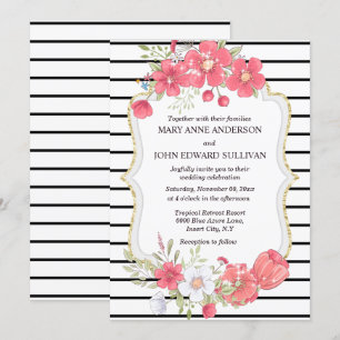 Pink black wildflower watercolor country wedding  invitation