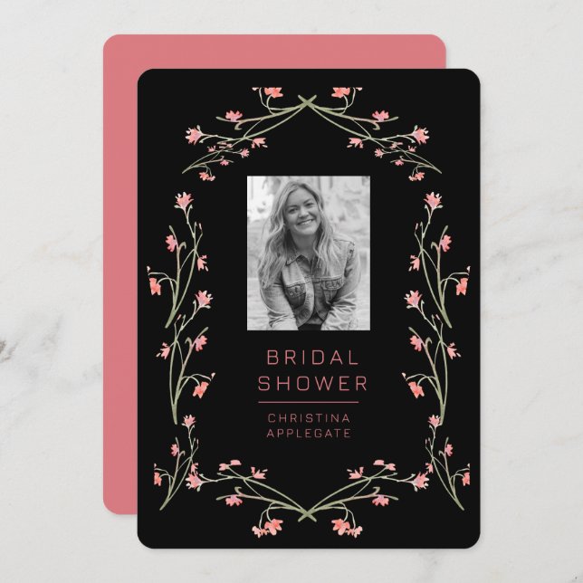  Pink & Black Wildflowers Photo Bridal Shower Invitation (Front/Back)