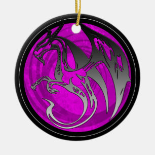 Pink black wing grunge dragon round ornament
