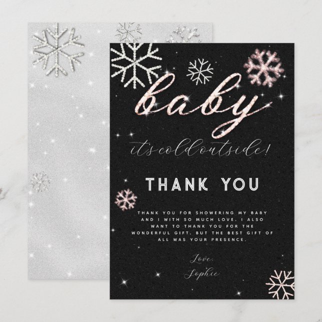 Pink Black Winter Rhinestone Baby Shower Thank You Invitation (Front/Back)