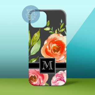 Pink & Black with Watercolor Flowers and Monogram iPhone 15 Case