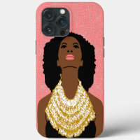 pink Black Woman Looking Up With Tribal Necklace