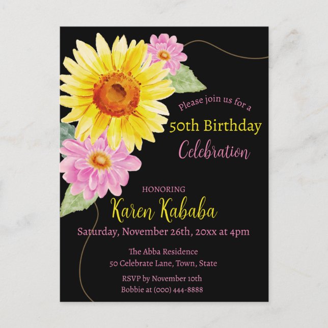 Pink Black Yellow Sunflower Modern Flower Birthday Postcard (Front)