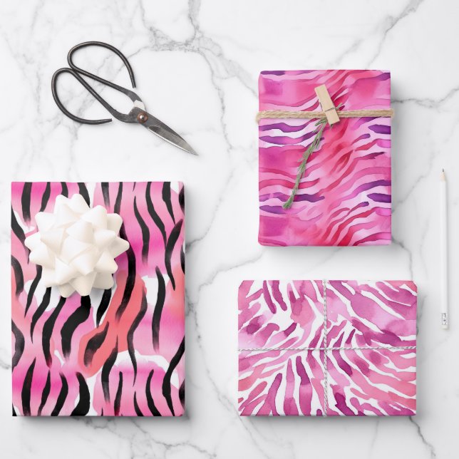 Pink Black Zebra Animal Print Wrapping Paper Sheet (Front)