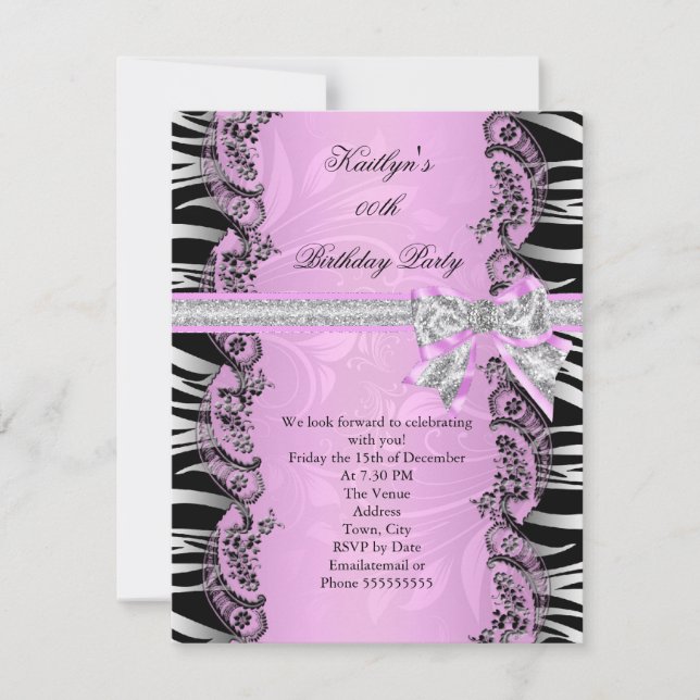 Pink Black Zebra Elegant Birthday Party Invitation (Front)