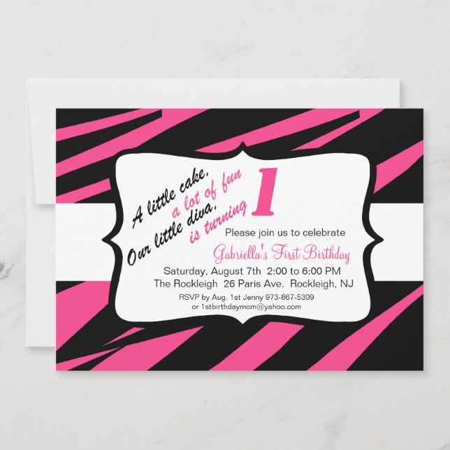 Pink & Black Zebra Girls First Birthday Invite (Front)
