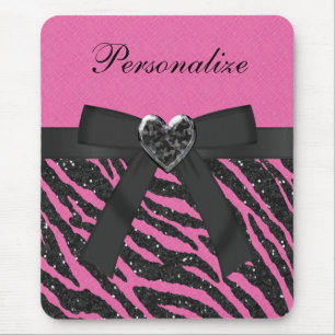 Pink & Black Zebra Printed Glitter & Bow Mouse Mat