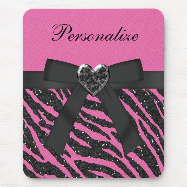 Pink & Black Zebra Printed Glitter & Bow Mouse Mat (Front)