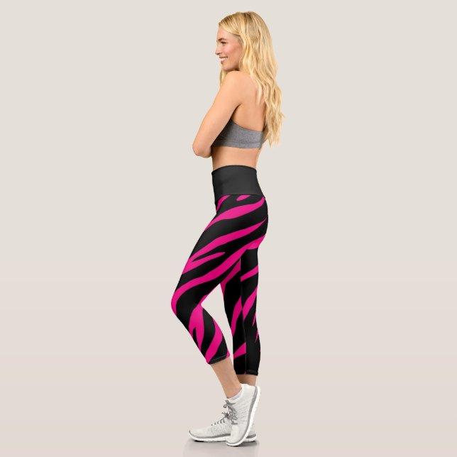Pink & black zebra stripe animal print high waist capri leggings (Left)