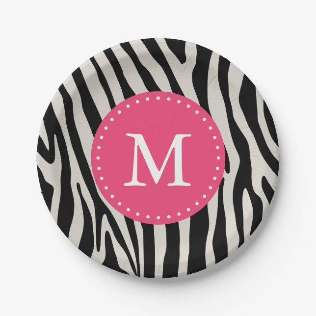 Pink & Black Zebra Stripe Monogram Birthday Party Paper Plate (Front)
