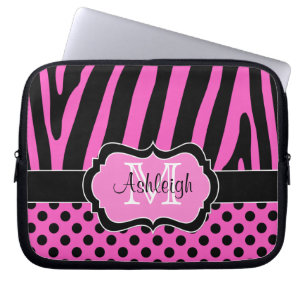 Pink Black Zebra Stripes Polka Dots Laptop Case