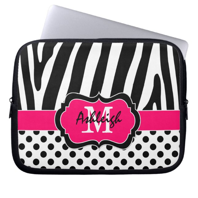 Pink Black Zebra Stripes Polka Dots Laptop Case (Front)