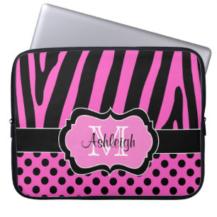 Pink Black Zebra Stripes Polka Dots Laptop Case