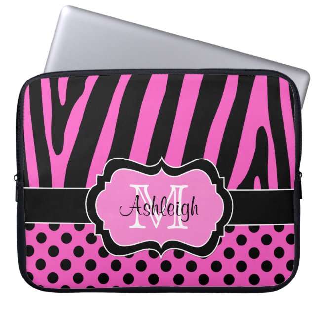 Pink Black Zebra Stripes Polka Dots Laptop Case (Front)