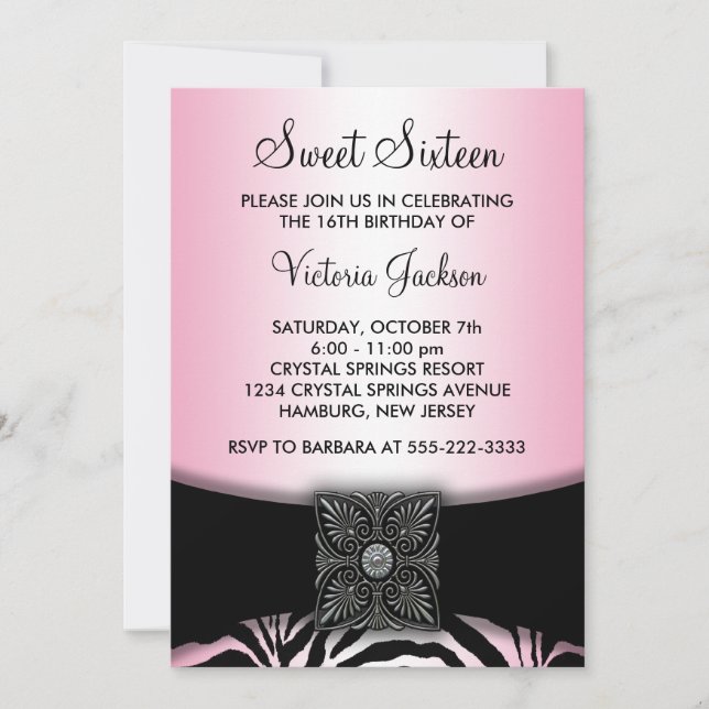 Pink & Black Zebra Sweet Sixteen Party Invitation (Front)