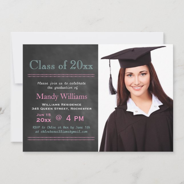 Pink Blackboard Photo Graduation Invitation (Front)