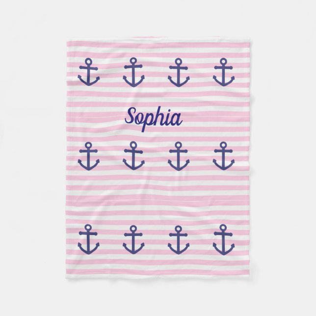 Pink blanket with nautical anchors, monogram (Front)