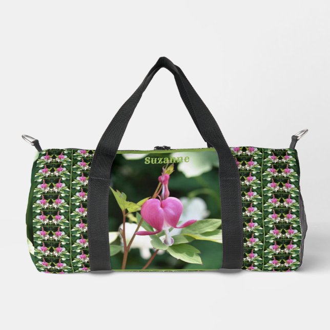Pink Bleeding Heart Flower Mirror Personalised Duffle Bag (Front)