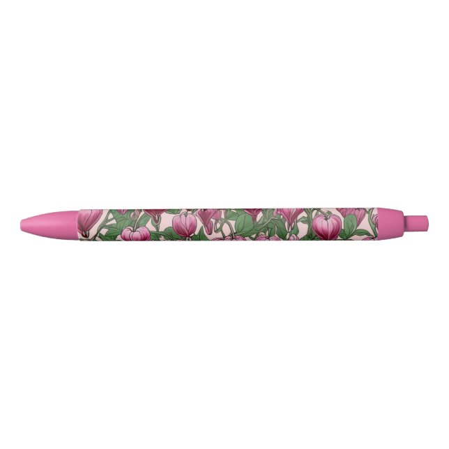 Pink bleeding heart flower pattern black ink pen (Front)