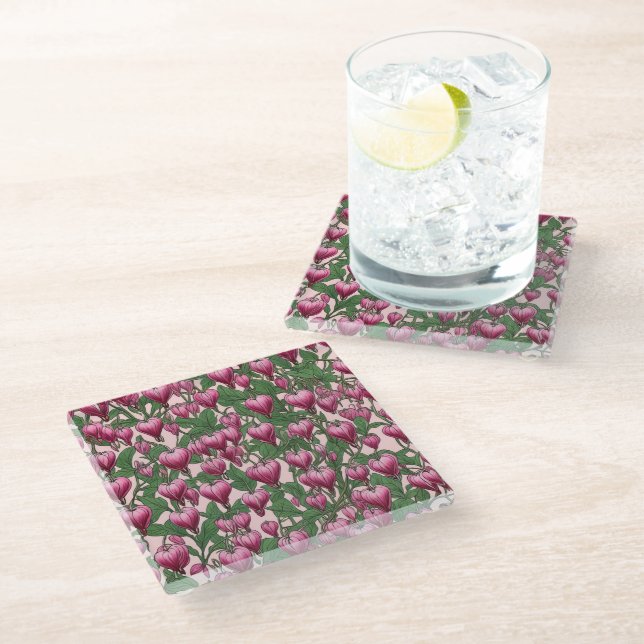 Pink bleeding heart flower pattern glass coaster (Angled)