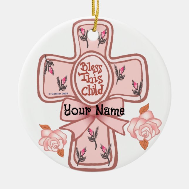 Pink Bless This Child Christian Cross Ornament (Front)