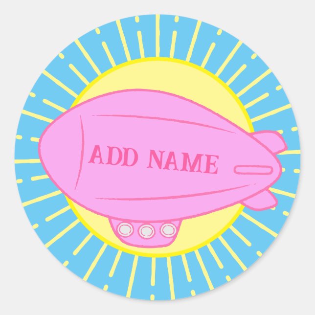 Pink Blimp Balloon Blue Sky Custom Classic Round Sticker (Front)