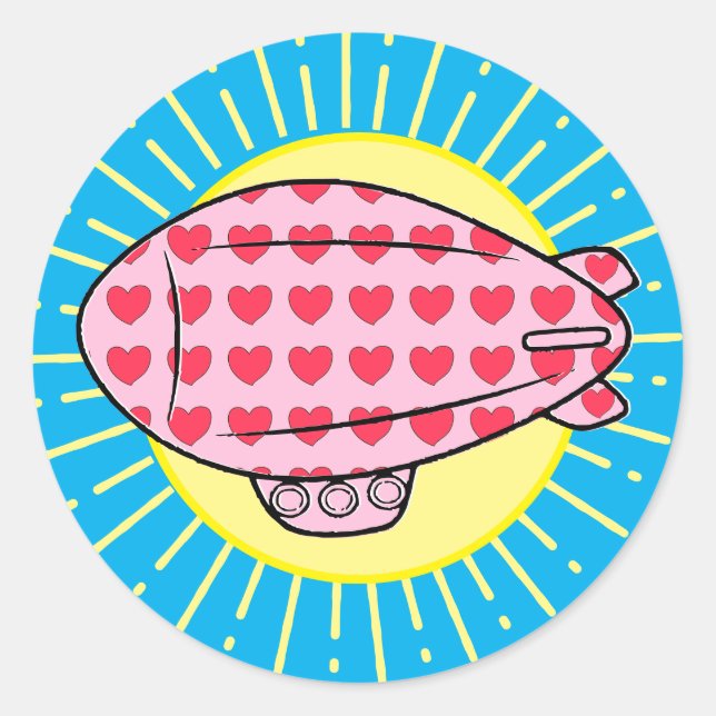 Pink Blimp Balloon Red Heart Pattern Custom Classic Round Sticker (Front)