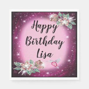 Pink Bling Floral Bird Birthday Napkin