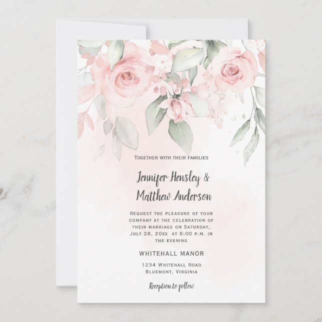 Pink Bliss Pastel Pink and Green Floral Wedding Invitation (Front)