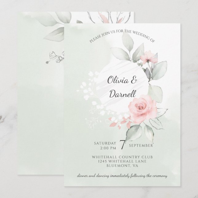 Pink Bliss Roses Pastel Green Wash Wedding Invitation (Front/Back)