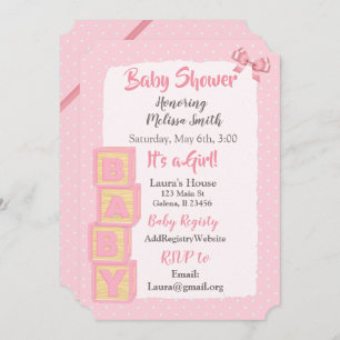 Pink Blocks and Bows  Baby Girl Baby Shower Invitation