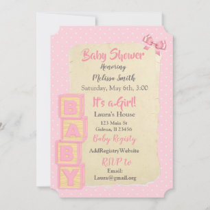 Pink Blocks and Bows  Baby Girl Baby Shower Invitation
