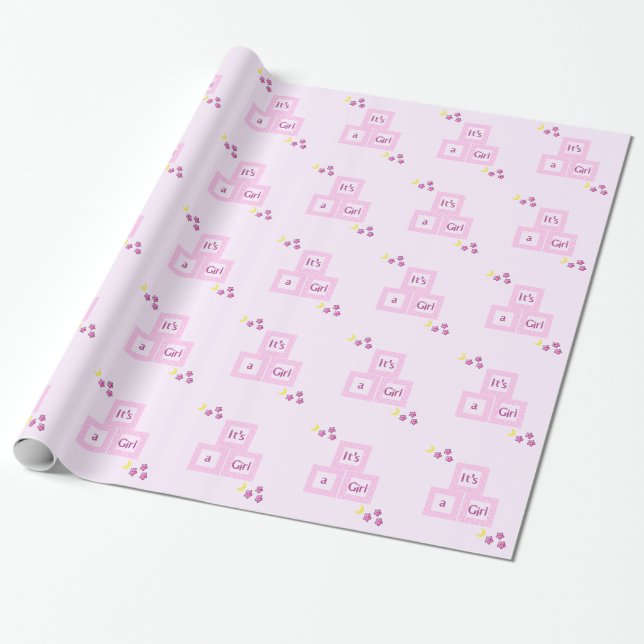 Pink Blocks and Stars Baby Shower Wrapping Paper (Unrolled)