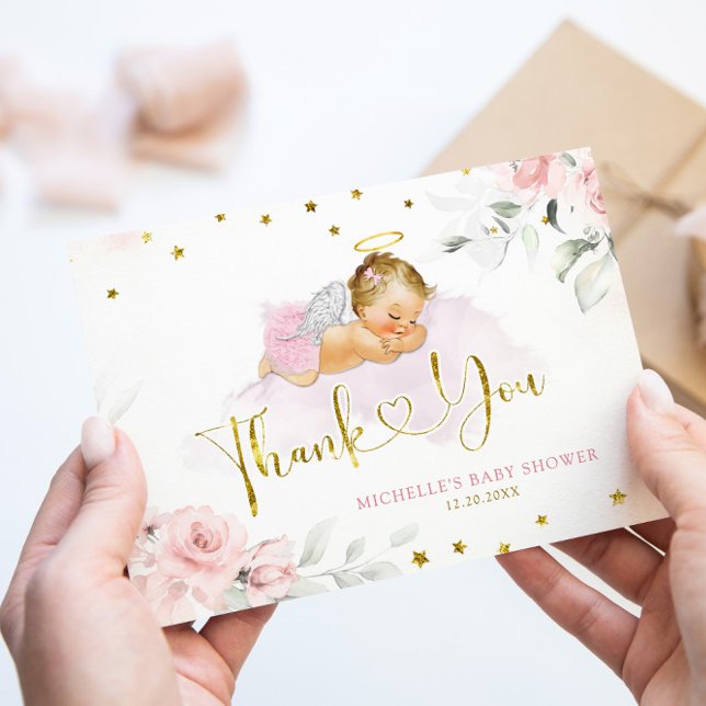 Pink Blonde Angel Baby Heaven Sent Baby Shower Thank You Card (Creator Uploaded)