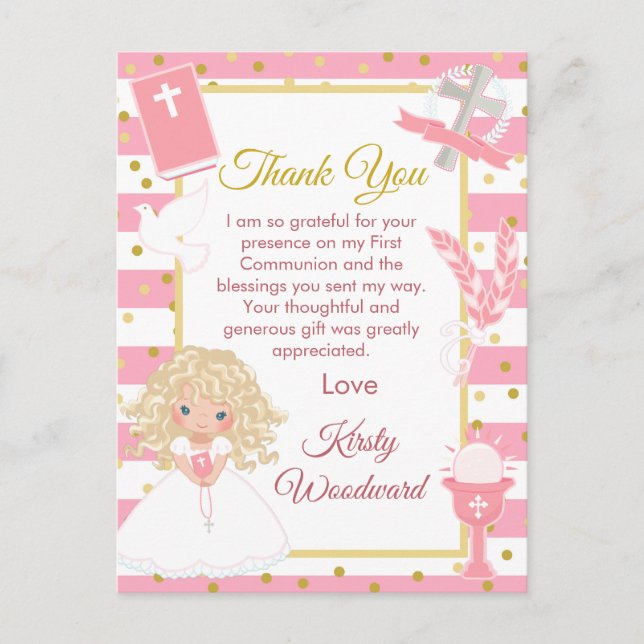 Pink Blonde Hair Girl First Communion Thank You Postcard (Front)