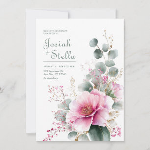 Pink Bloom Eucalyptus Gold Glitter Watercolor Invitation