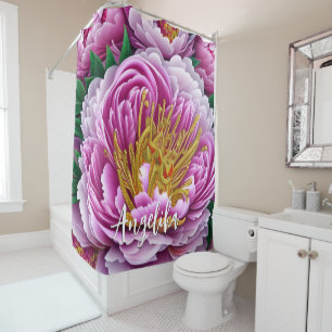 Pink Bloom Watercolor Flowers Custom Name Shower Curtain