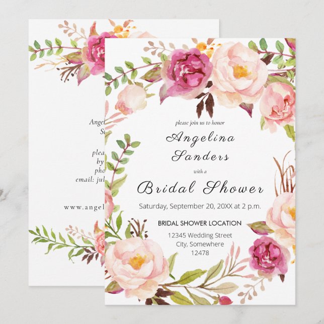 Pink Blooming Blush Floral Bridal Shower 2 Invitation (Front/Back)
